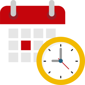 A calendar with a red date highlighted, accompanied by a round clock