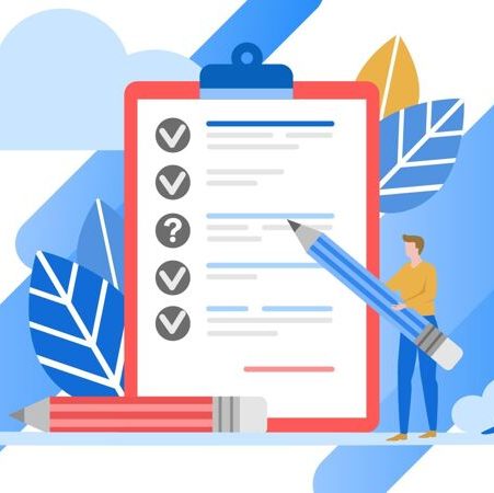 Digital illustration of a large checklist on a clipboard with a small person next to it holding a comically large pencil.
