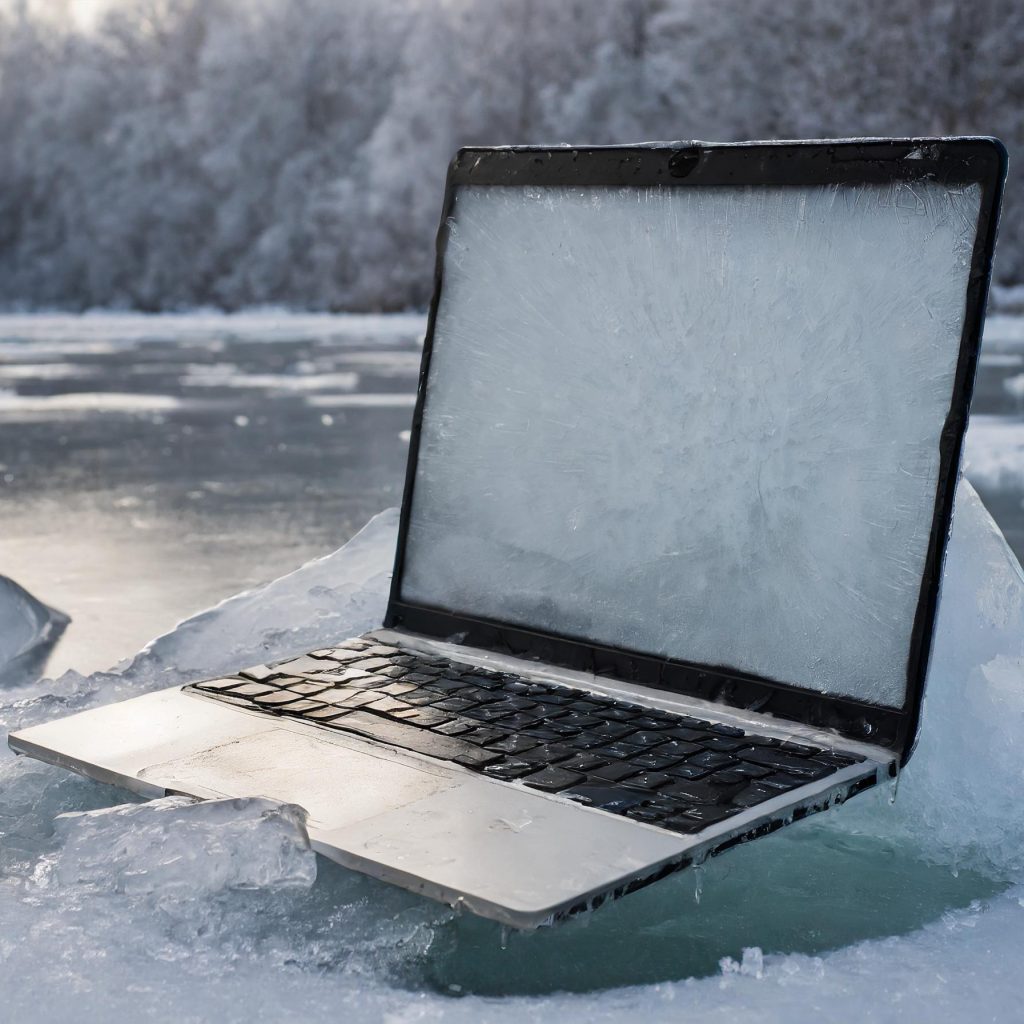 A literal frozen laptop on an icy surface with a frozen lake an snow-covered trees in the background.