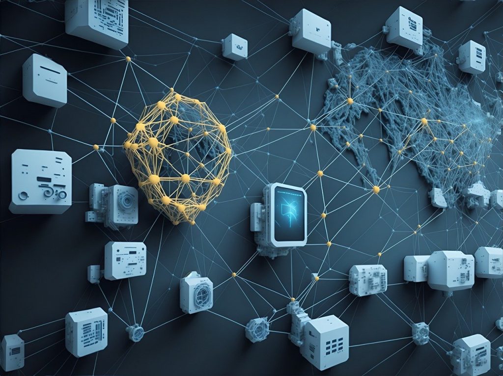 Digital illustration of a blue map with yellow lines and nodes connecting places to various computer-related icons