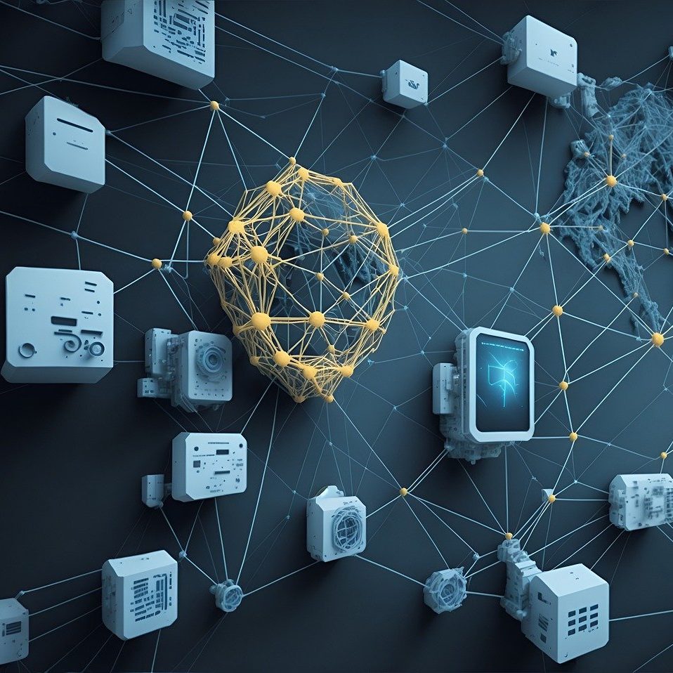 Digital illustration of a blue map with yellow lines and nodes connecting places to various computer-related icons