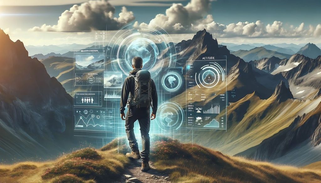 Digital Illustration of a person backpacking through the mountains. In front of the hiker is a semi-transparent overlay of data and information, like a sci-fi movie.
