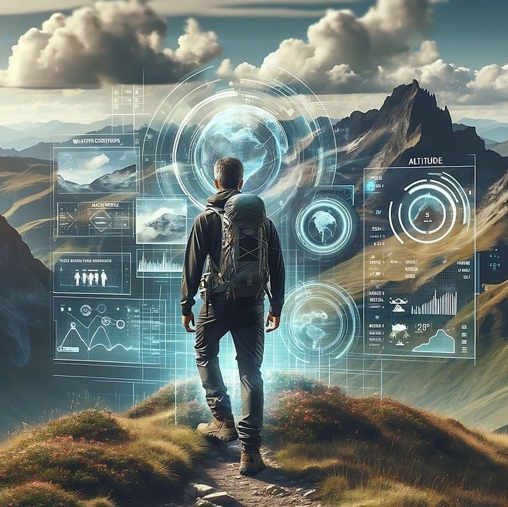 Digital Illustration of a person backpacking through the mountains. In front of the hiker is a semi-transparent overlay of data and information, like a sci-fi movie.