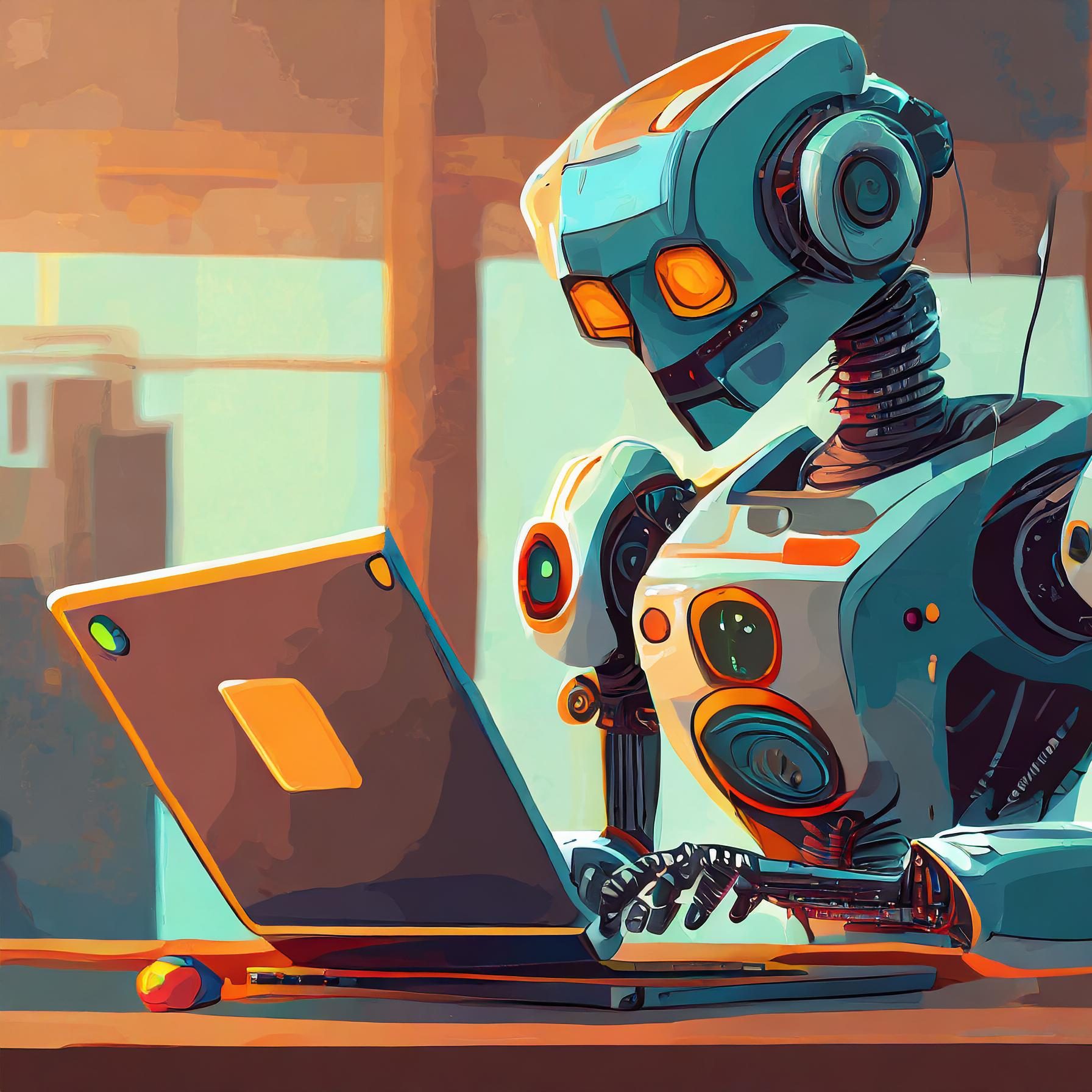 Digital Illustration of a robot in an office environment working on a laptop