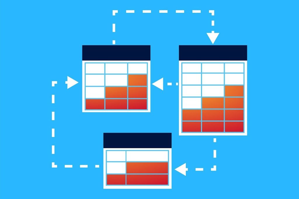 Flowchart on a blue background showing three connected tables with orange gradients. White dashed arrows link the tables, indicating data flow.