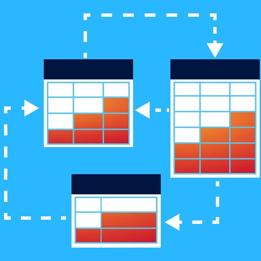 Flowchart on a blue background showing three connected tables with orange gradients. White dashed arrows link the tables, indicating data flow.