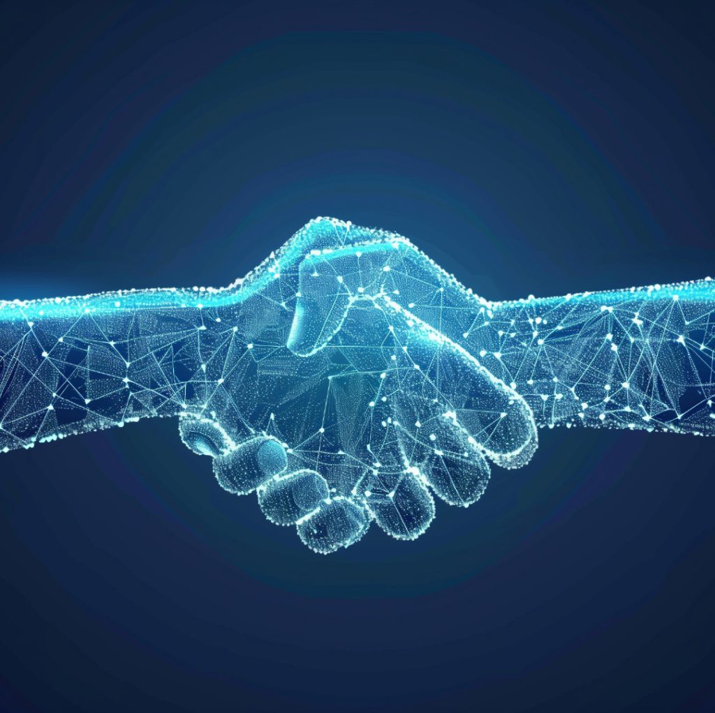 Digital illustration of two hands shaking in glowing blue lines and nodes, symbolizing IT support