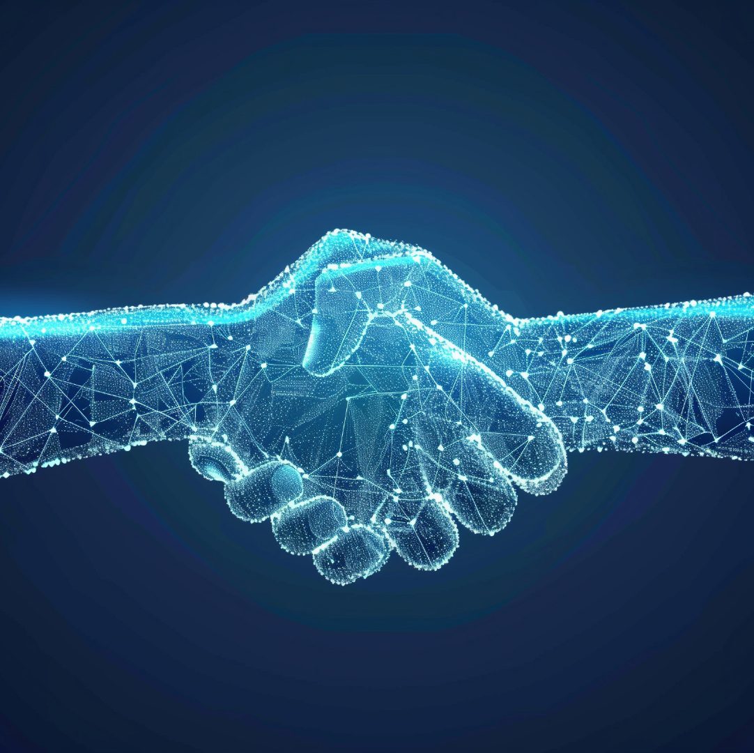 Digital illustration of two hands shaking in glowing blue lines and nodes, symbolizing IT support