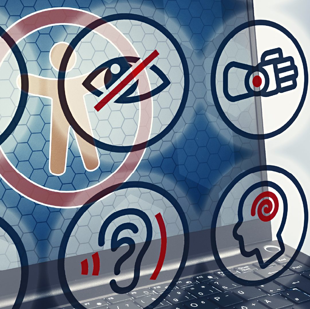 Laptop screen with digital accessibility icons: eye with slash, ear, hand, and head with swirl. Hexagonal pattern background shows tech focus.