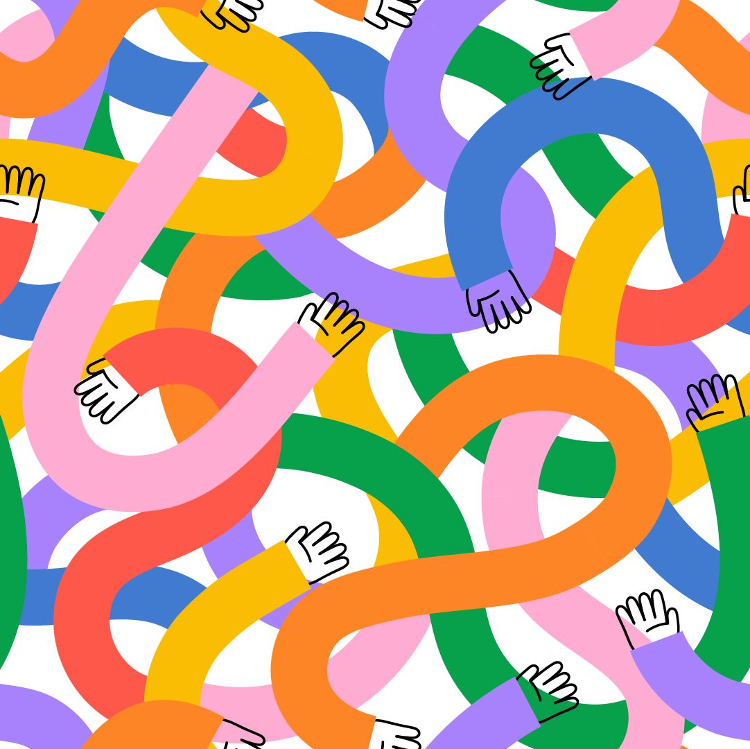A digital illustration of colorful curvy lines with small black outlines of hands at the end of the lines. The concept is interconnectedness and/or chaos.