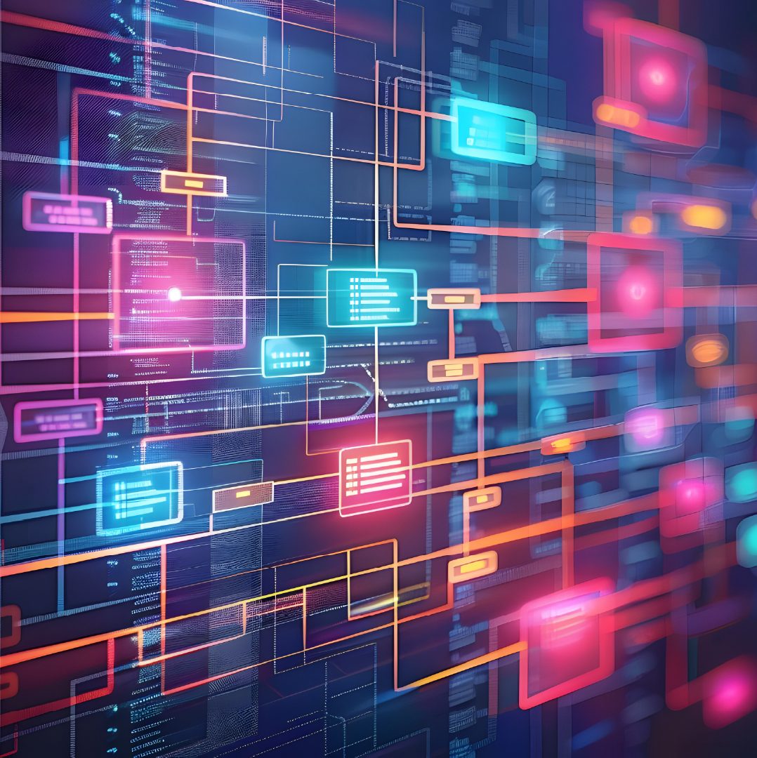 Digital Illustration of colorful networked lines and boxes.