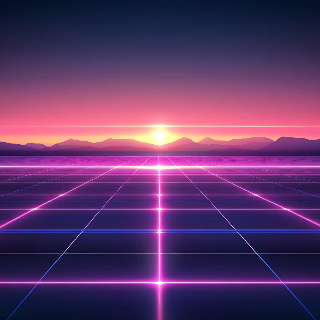 A glowing grid stretches toward a bright sunset, with dark mountains against a neon pink and purple sky.