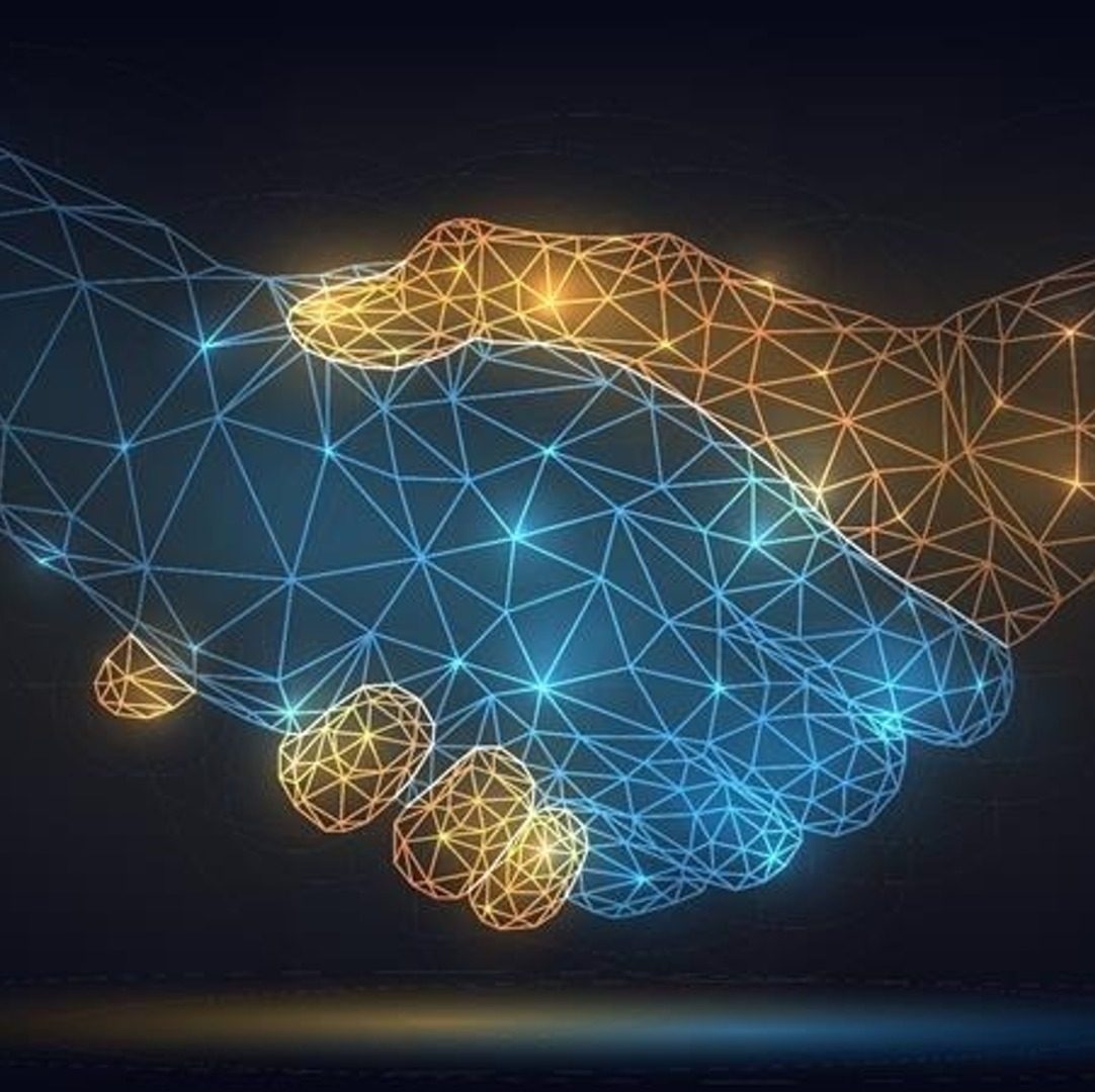 Digital illustration of two hands, one blue and one yellow, shaking made up of glowing lines and nodes.