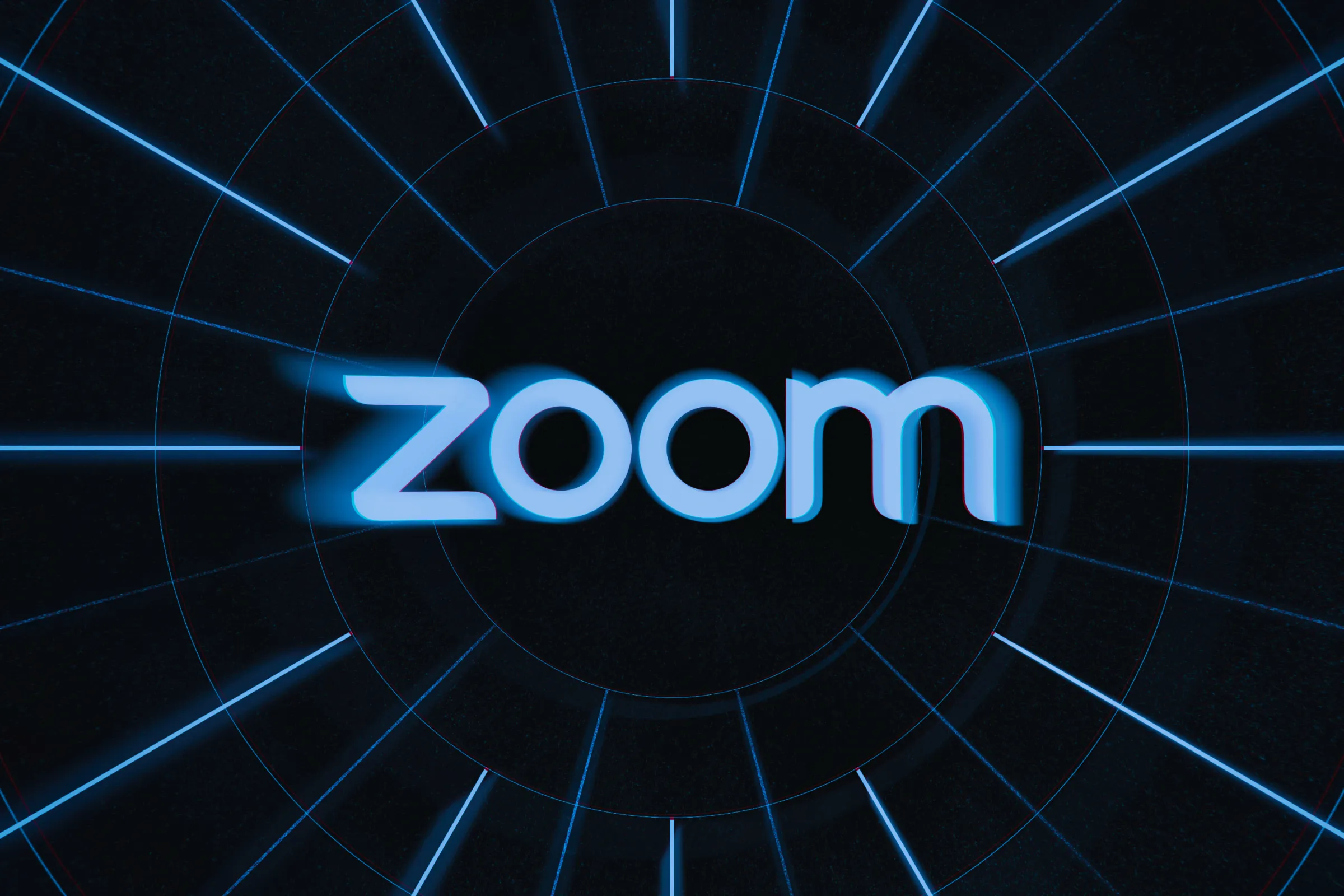 Zoom logo in front of a black background with lines coming out from the middle.
