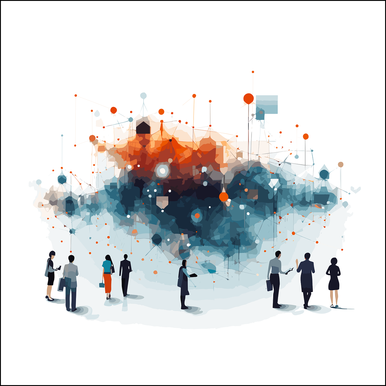 Digital illustration of businesspeople standing under a blue and orange cloud with random circles and lines coming out of the cloud.