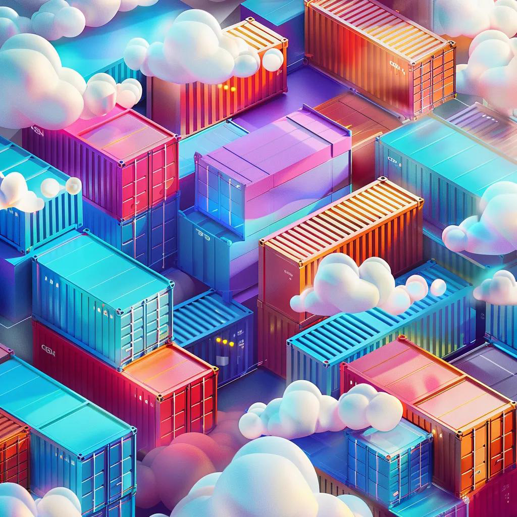 Digital Illustration of colorful shipping containers making a geometric pattern. White fluffy clouds overlay the containers.