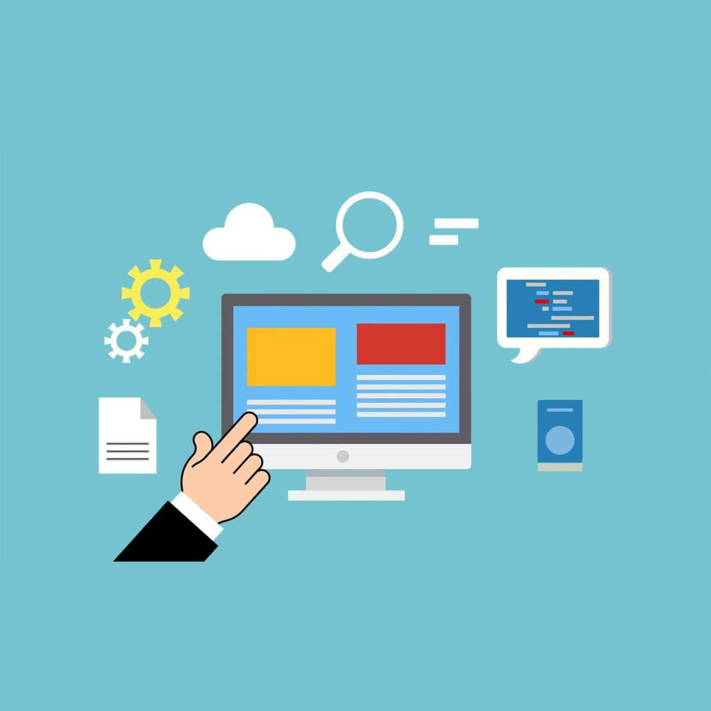 Digital illustration of an iMac computer surrounded by random computer related icons. A small hand is pointing to the iMac screen.