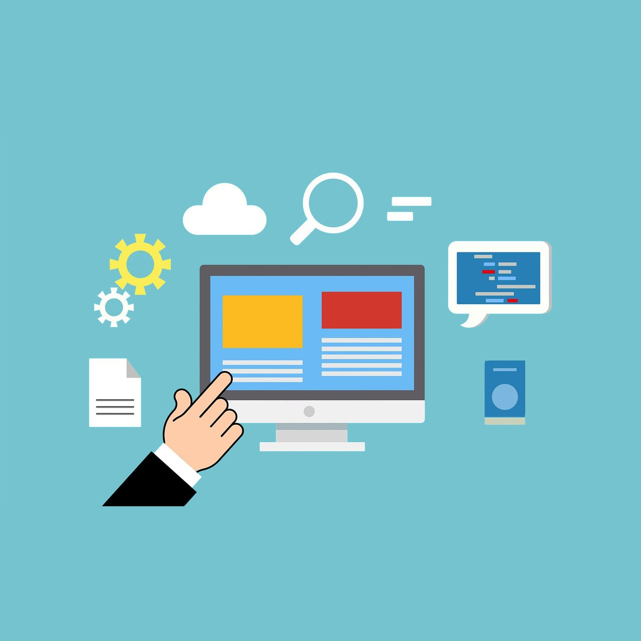 Digital illustration of an iMac computer surrounded by random computer related icons. A small hand is pointing to the iMac screen.