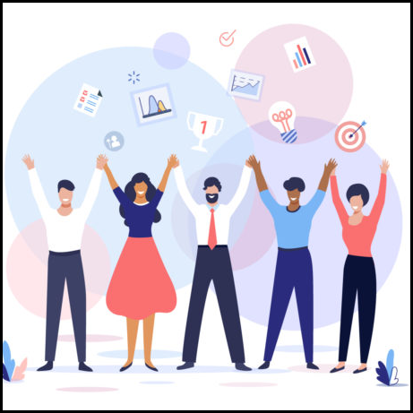Digital illustration of five people holding raised hands in front of colorful bubbles and below random work-related icons