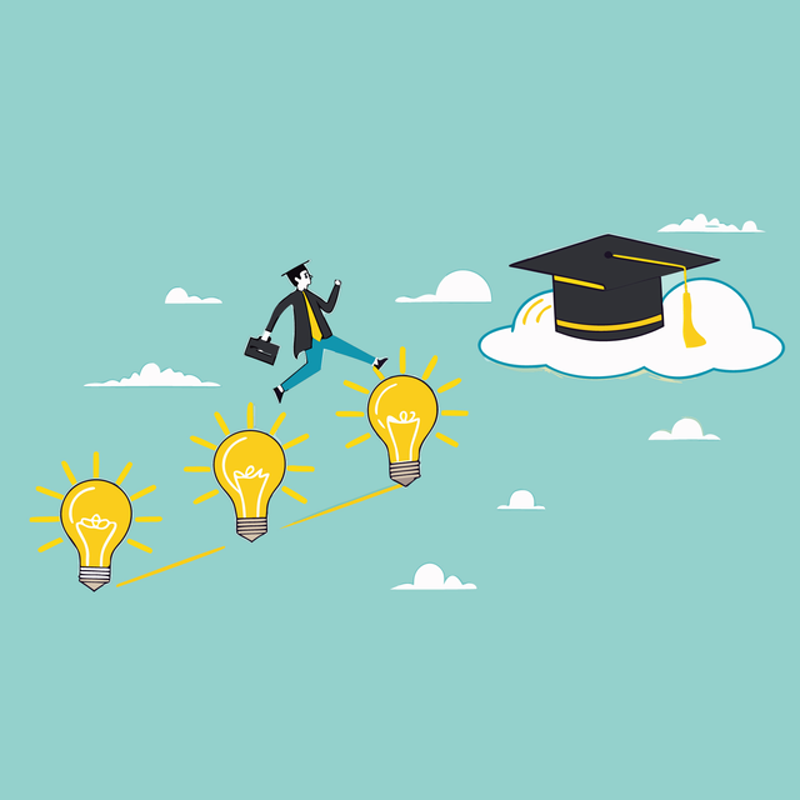 Digital illustration of a person in a cap and gown ascending light bulbs towards a large graduation cap in the sky.