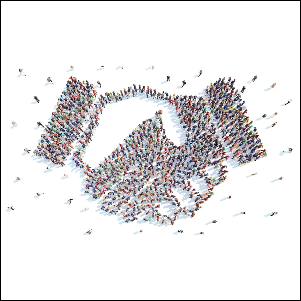 A digital illustration of an aerial shot of very small people clustered to make the handshake icon