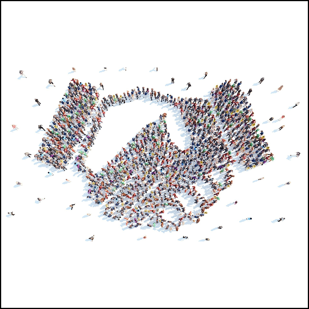 A digital illustration of an aerial shot of very small people clustered to make the handshake icon