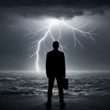 Image of a man with a briefcase silhouetted in front of a body water that is being struck by a large bright bolt of lightning.
