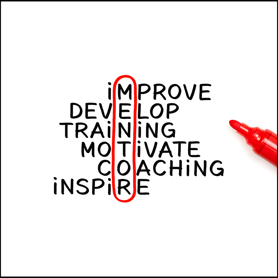 White background with the words "improve," "develop," "training," "motivate," coaching," and "inspire" written as a list and aligned to vertically spell out the word "mentor" which is circled in red like a word search puzzle.