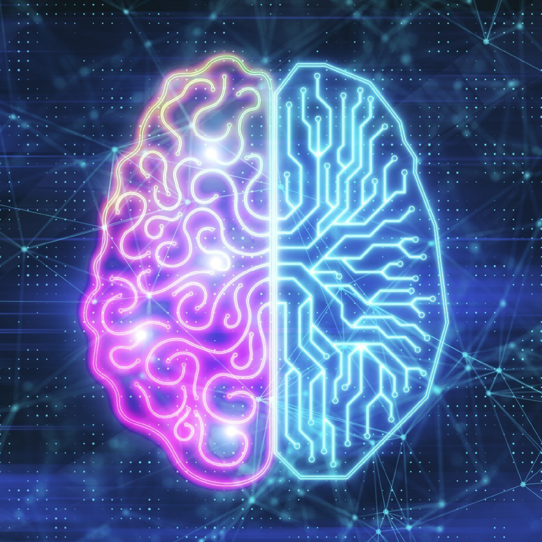 Digital Image of a brain icon made up of purple and blue neon lights ona dark blue digital-style background.
