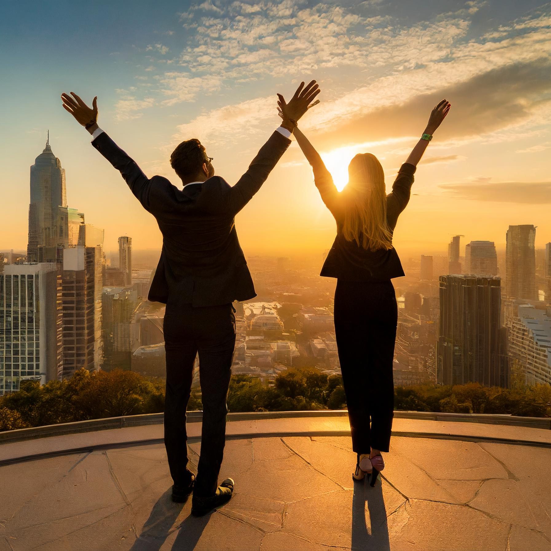 Photo of two people with their hands in the air on top of a tall building in front a city skyline and silhouetted by a sunrise