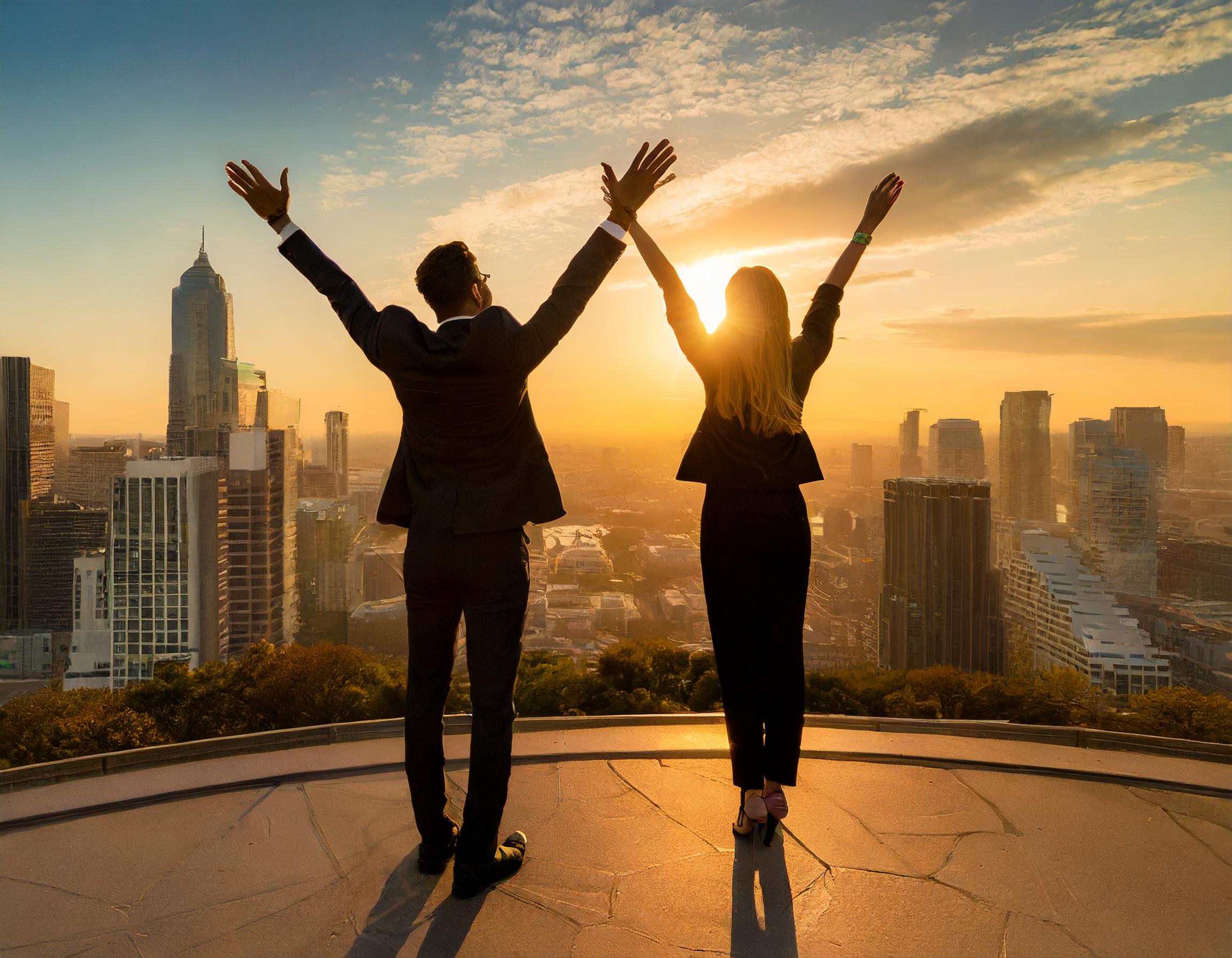 Photo of two people with their hands in the air on top of a tall building in front a city skyline and silhouetted by a sunrise