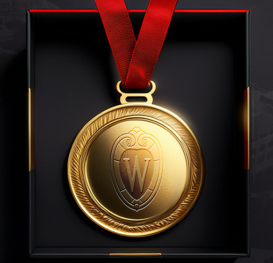an image of a gold metal with the UW crest logo hanging from a red lanyard in in a black box