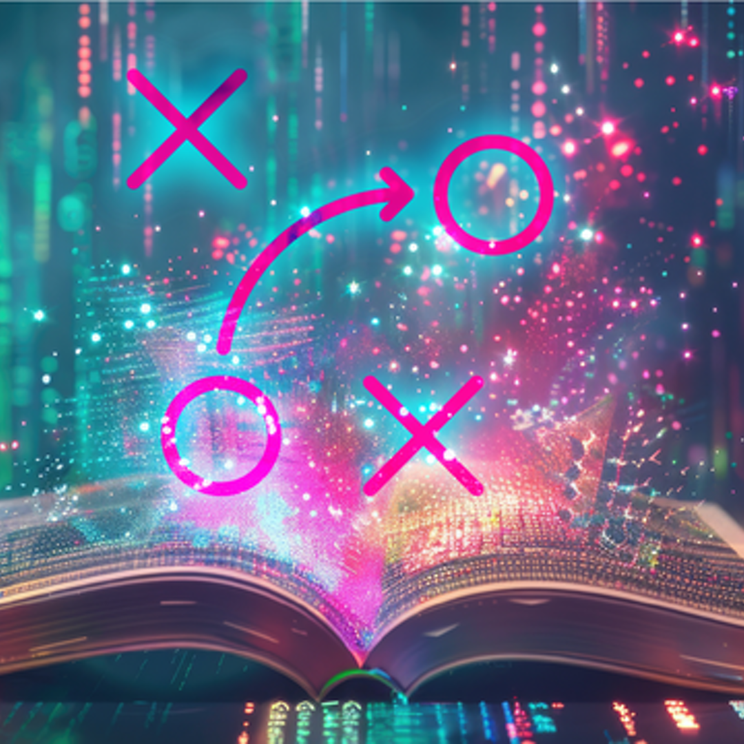 Digital illustration of a fantasy/sci-fi-esque scene with a computerized open book and pink arrows, x's and o's in front of a colorfully digital code-like background.