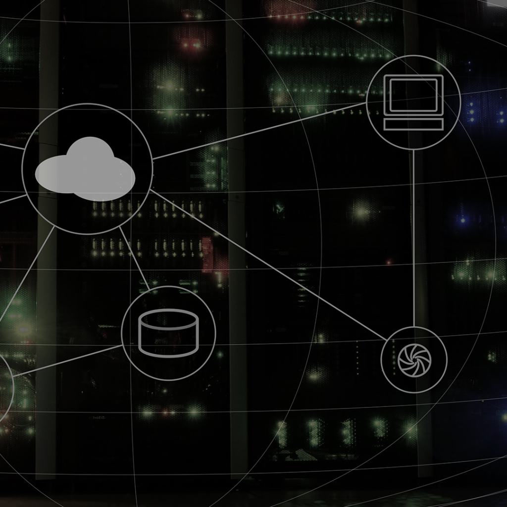 Digital illustration of a computer cloud network with lines to various symbols on a dark matrix-like background.